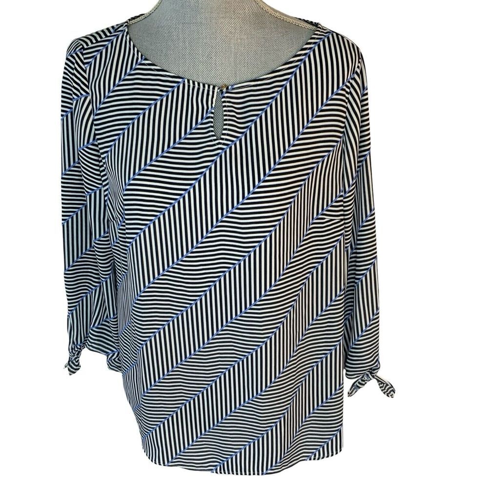 Talbots Blouse Chiffon Herringbone Stripe Tie Sleeve Keyhole Neck Size LP READ